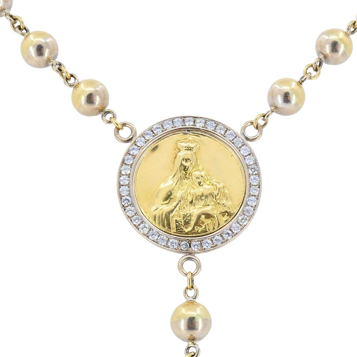 Women's or Men's Vintage Rosary 18k Two Tone Gold Diamond Necklace For Sale