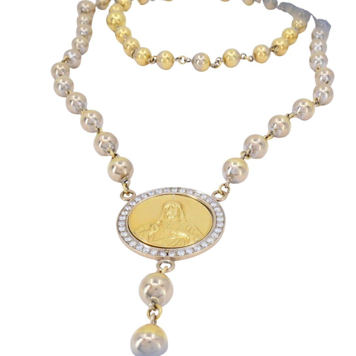 Vintage Rosary 18k Two Tone Gold Diamond Necklace For Sale 2