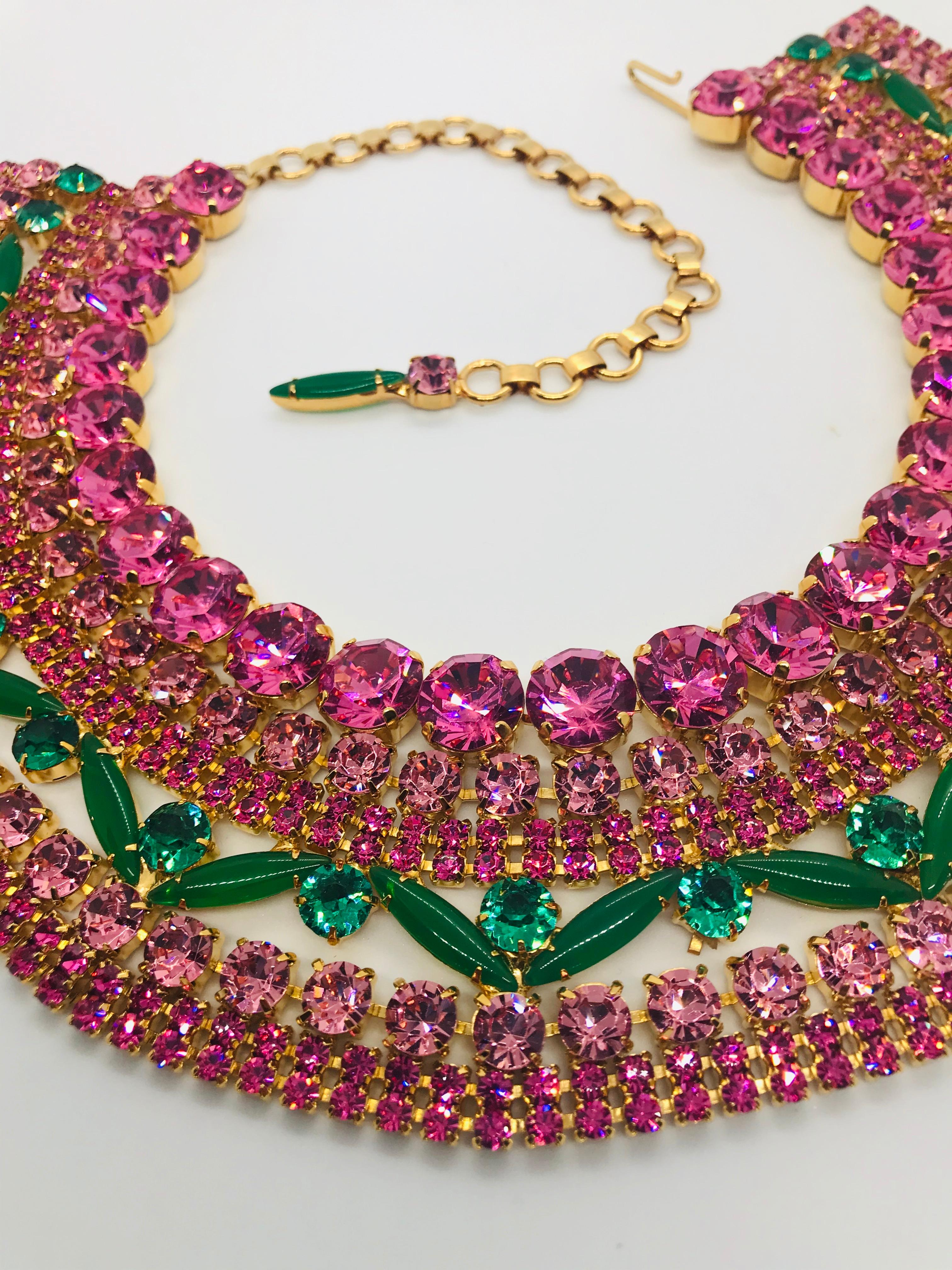 Round Cut Vintage Rose Austrian Crystal and Chrysophase Cleopatra Collar Necklace