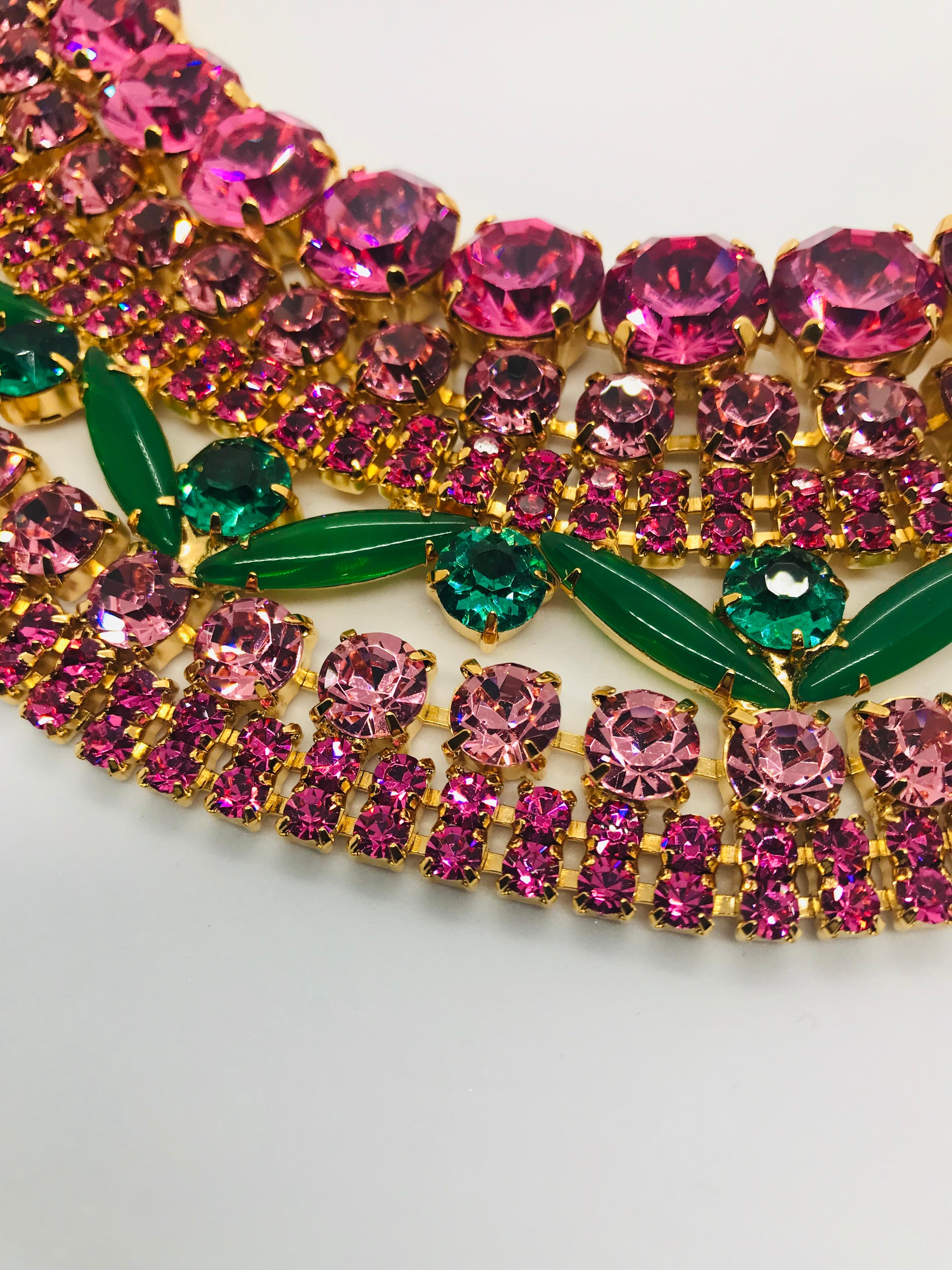 Vintage Rose Austrian Crystal and Chrysophase Cleopatra Collar Necklace In New Condition In Toronto, CA