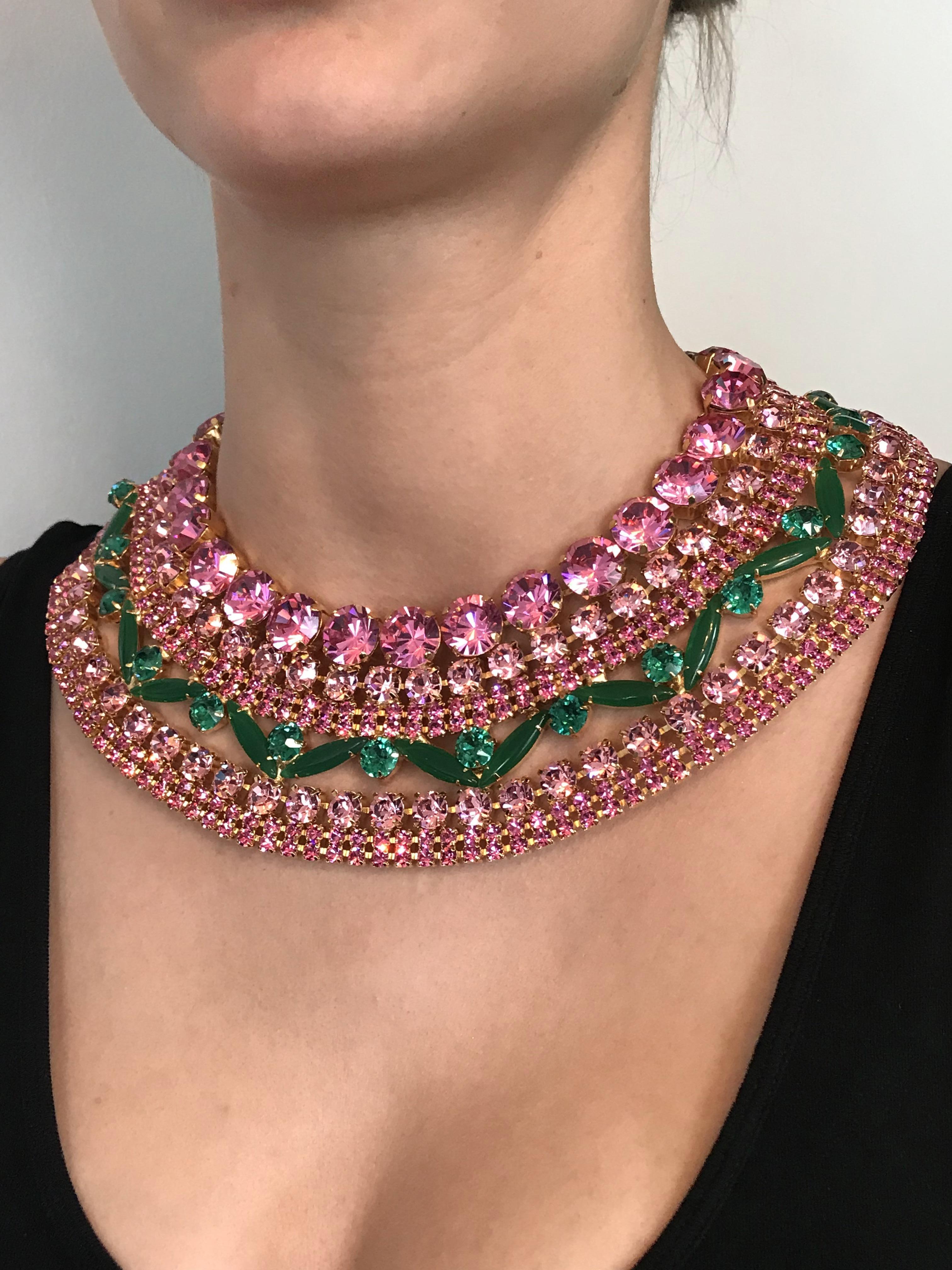 Vintage Rose Austrian Crystal and Chrysophase Cleopatra Collar Necklace 1