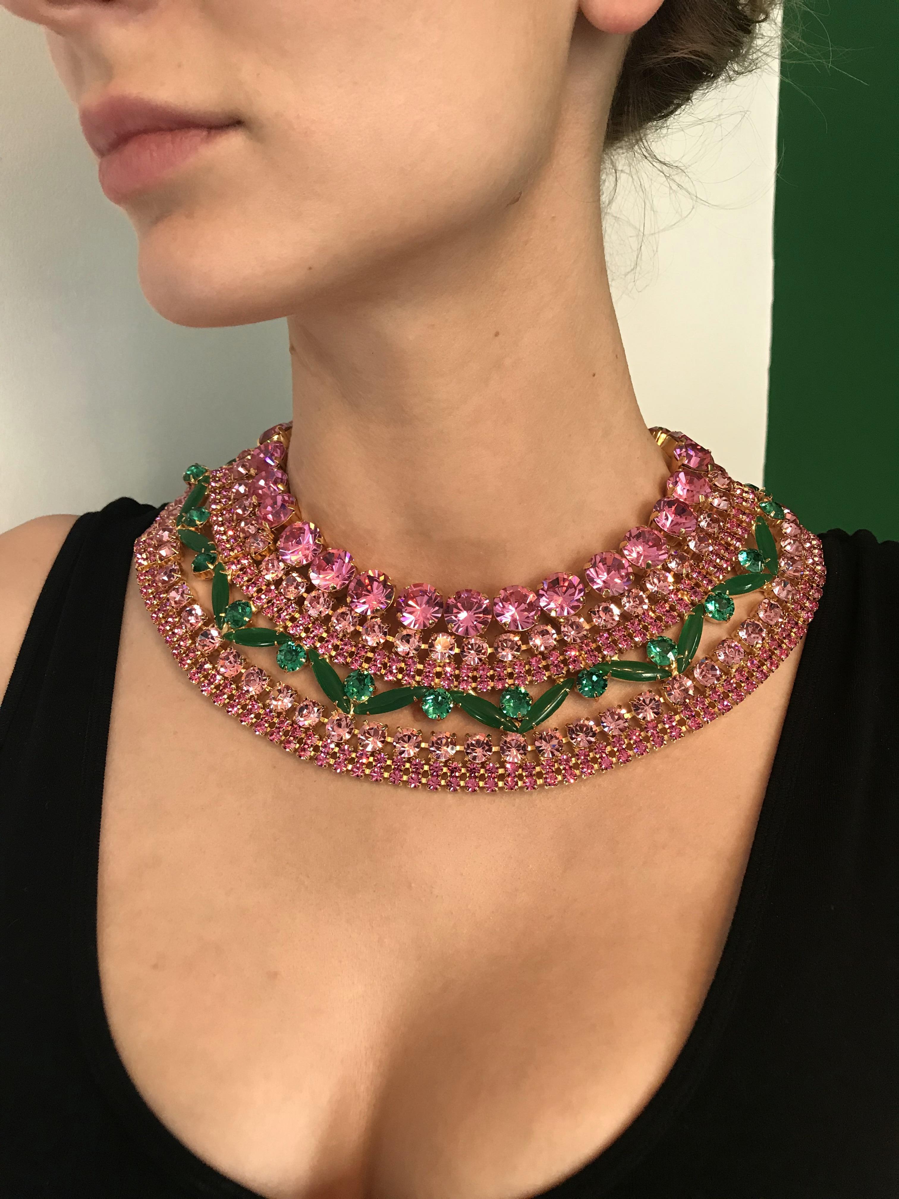 Vintage Rose Austrian Crystal and Chrysophase Cleopatra Collar Necklace 2