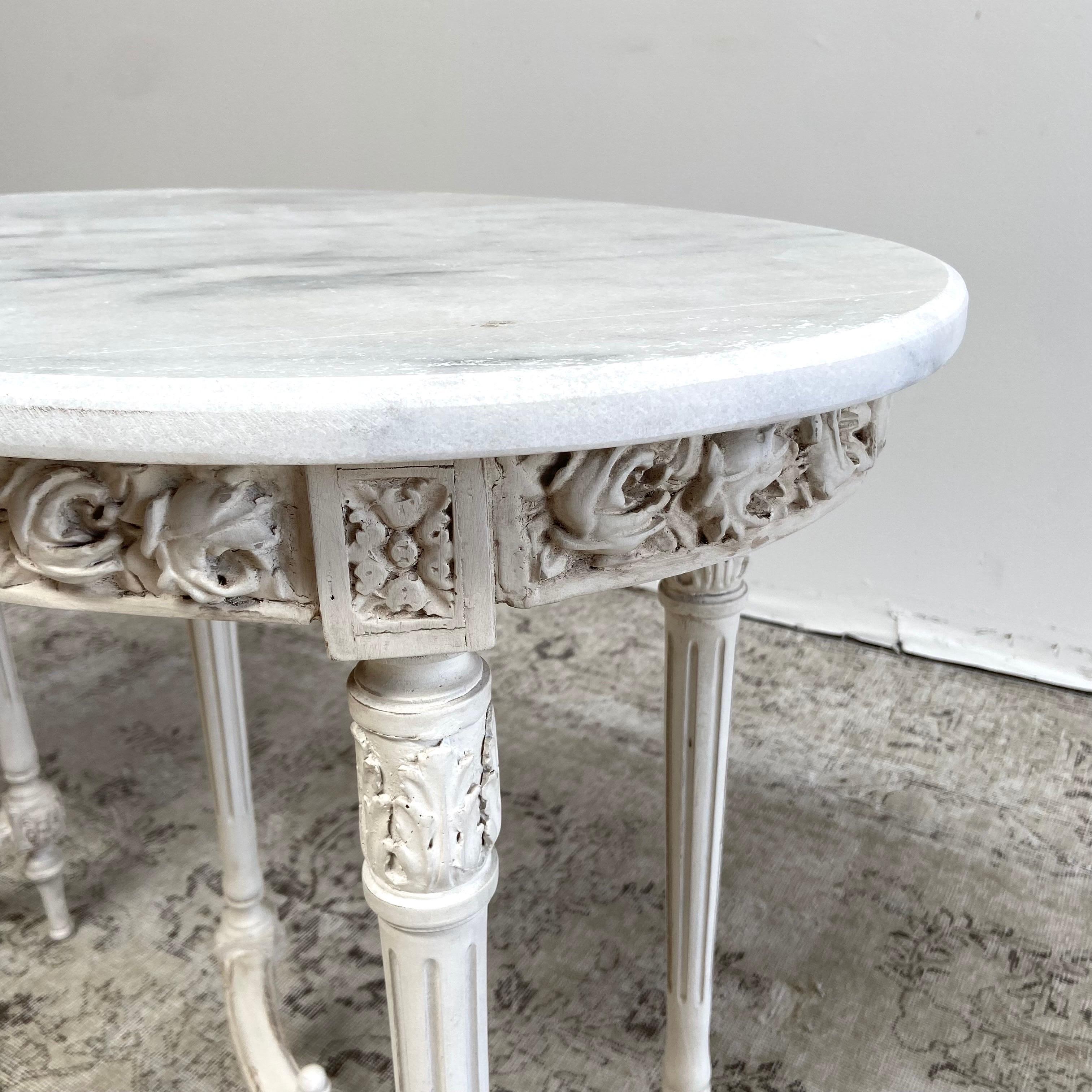 Contemporary Vintage Rose Carved Oval Side Table with Marble Top