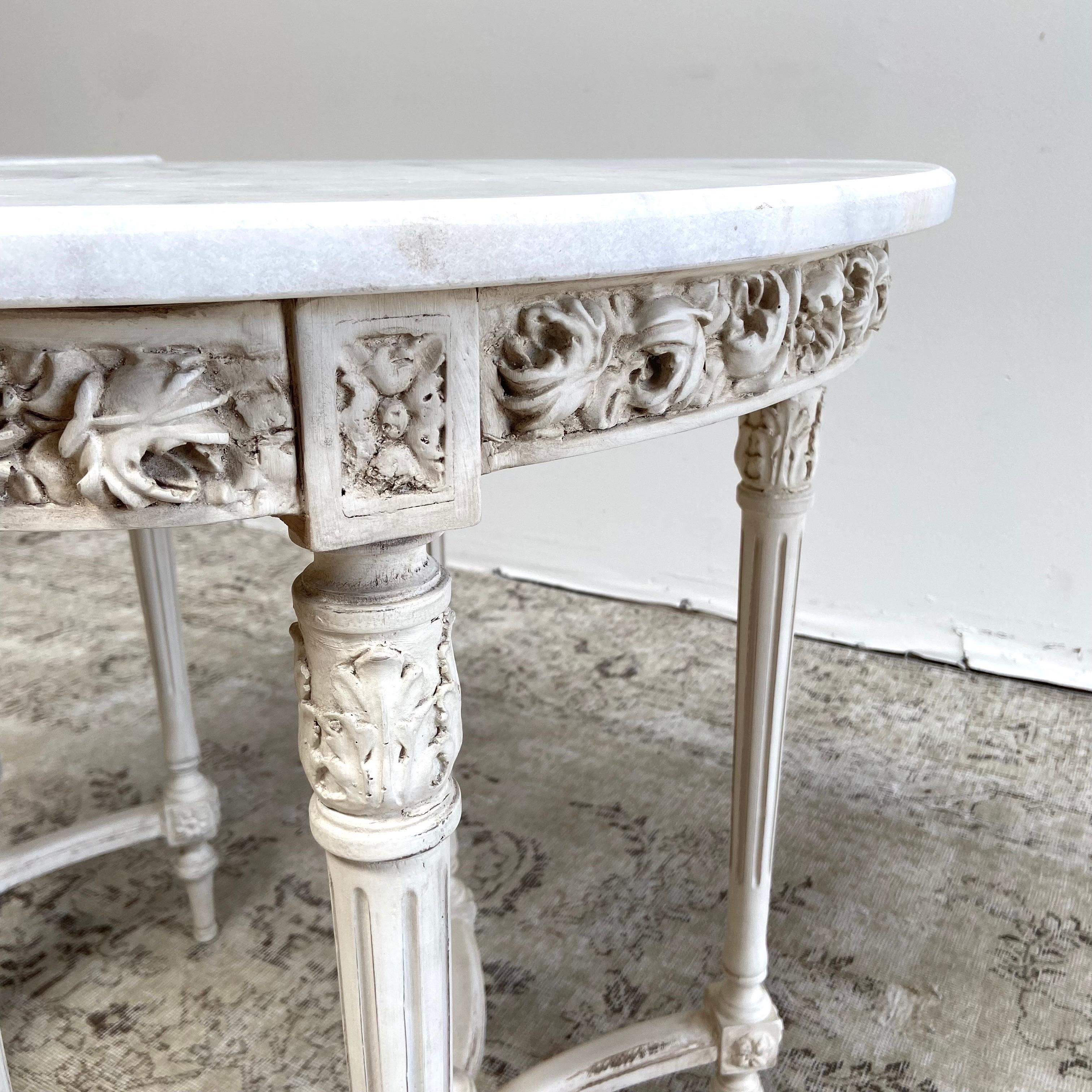 Vintage Rose Carved Oval Side Table with Marble Top 4