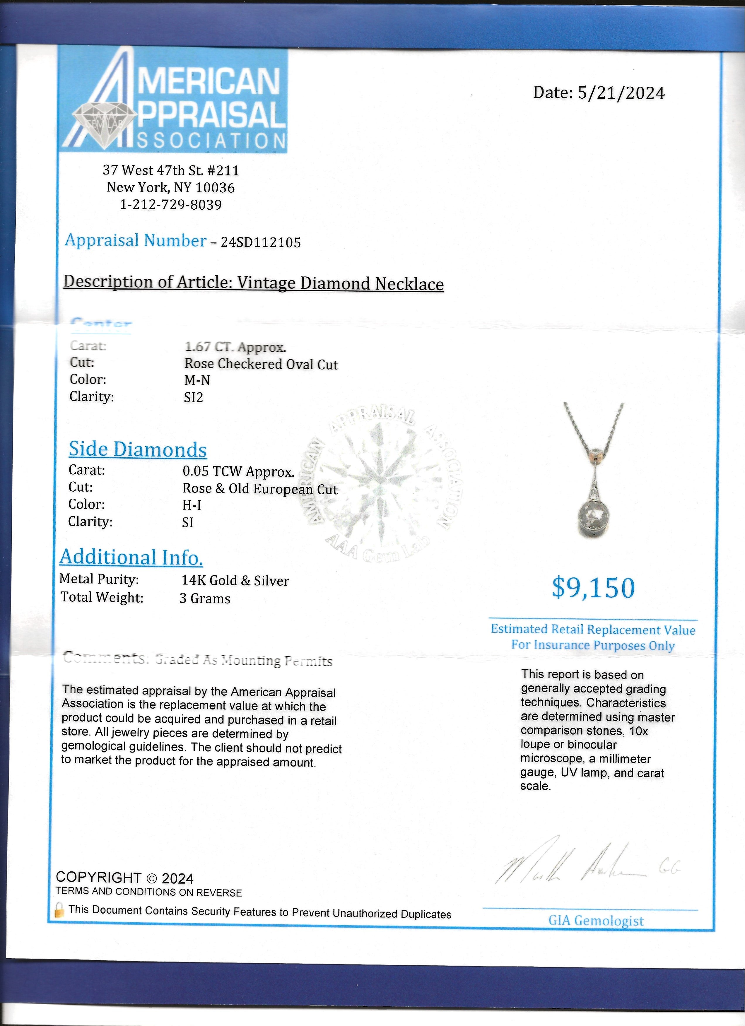 Vintage Rose Checkered Oval Cut Diamond Pendant Necklace in 14K Gold and Silver For Sale 4
