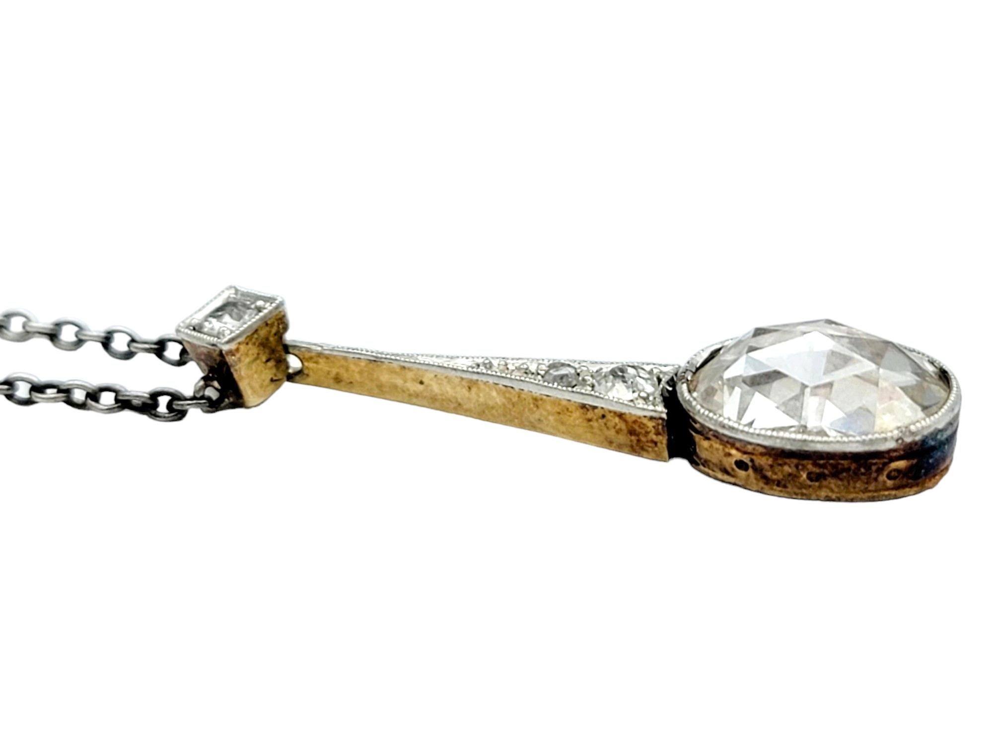 Edwardian Vintage Rose Checkered Oval Cut Diamond Pendant Necklace in 14K Gold and Silver For Sale