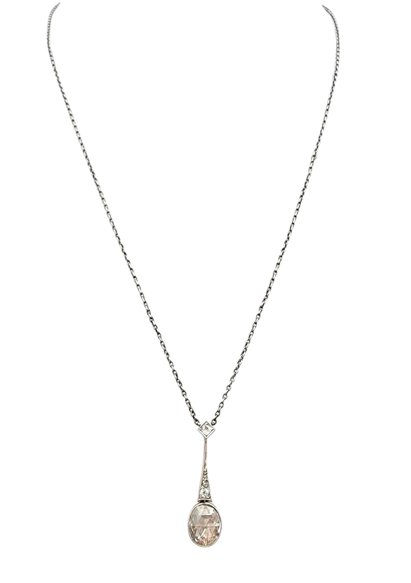 Rose Cut Vintage Rose Checkered Oval Cut Diamond Pendant Necklace in 14K Gold and Silver For Sale