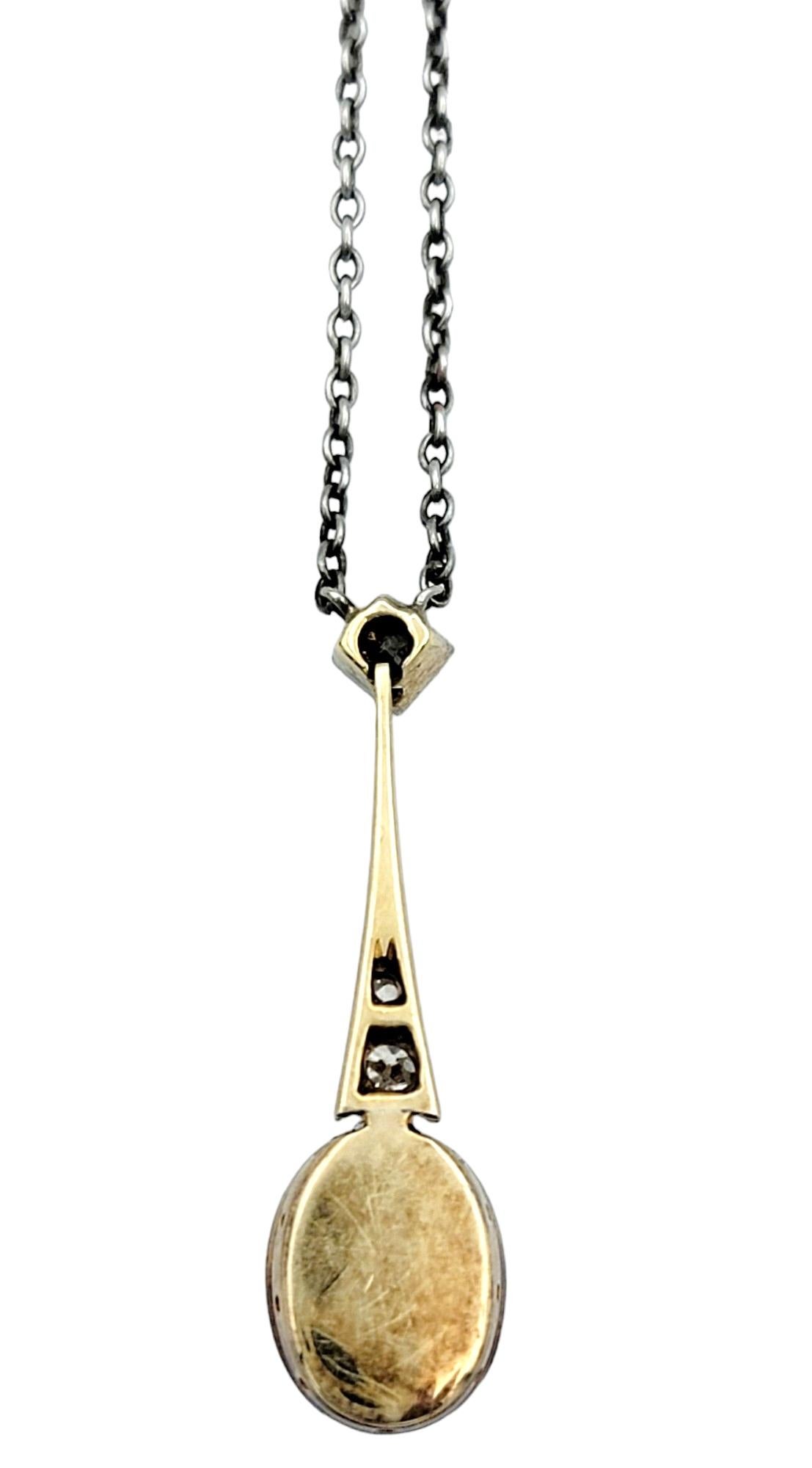 Vintage Rose Checkered Oval Cut Diamond Pendant Necklace in 14K Gold and Silver In Good Condition For Sale In Scottsdale, AZ