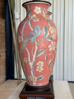 Vintage Rose Chinoiserie Hand-Painted Porcelain Bird & Floral Lamps-Pair