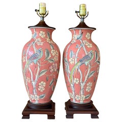 Vintage Rose Chinoiserie Hand-Painted Porcelain Bird & Floral Lamps-Pair