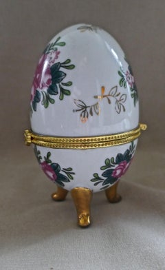 Vintage Rose Chintz Egg Shaped Ceramic Trinket Box with Hinged Lid
