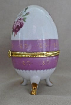 Vintage Rose Chintz Egg Shaped Ceramic Trinket Box with Hinged Lid