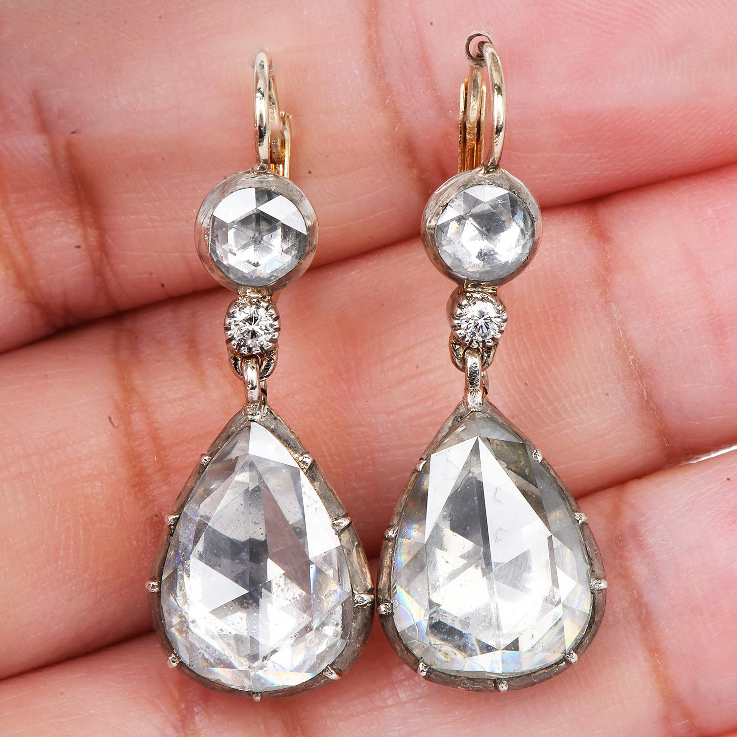 De las mujeres Pendientes colgantes vintage de oro con diamantes talla rosa de 7,80 quilates en venta