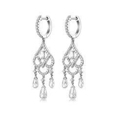 Orecchini pendenti vintage con diamanti taglio rosa e briolette in oro bianco 18 carati