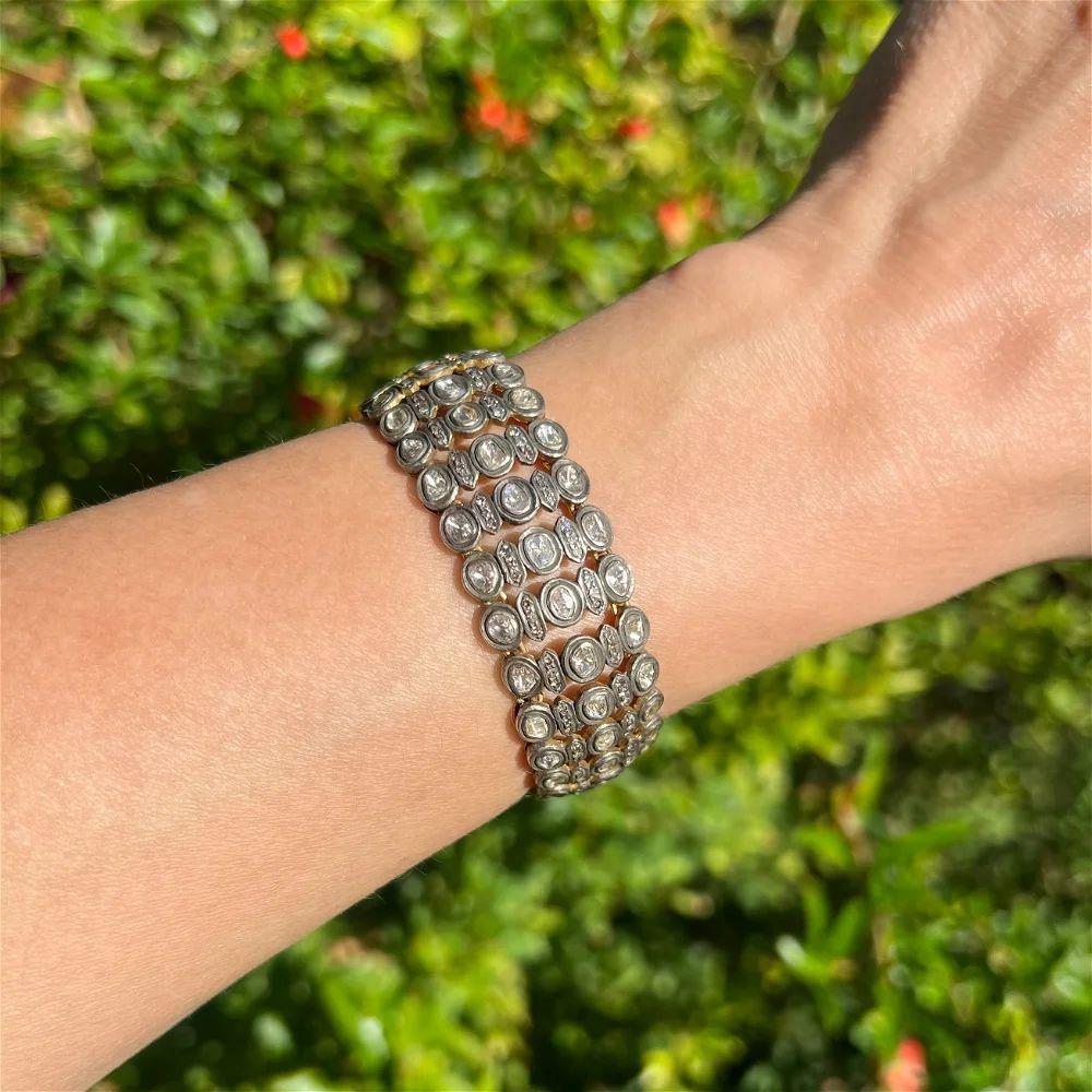Modernist Vintage Rose Cut and Round Diamond 5 Row Gold and Sterling Silver Bracelet
