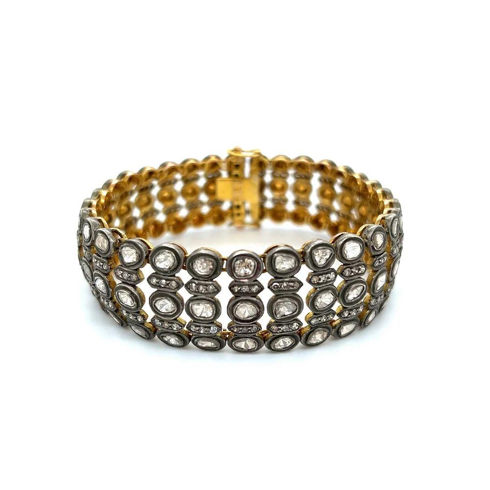 Mixed Cut Vintage Rose Cut and Round Diamond 5 Row Gold and Sterling Silver Bracelet