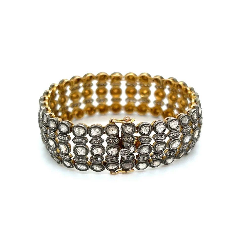 Vintage Rose Cut and Round Diamond 5 Row Gold and Sterling Silver Bracelet In Excellent Condition In Montreal, QC