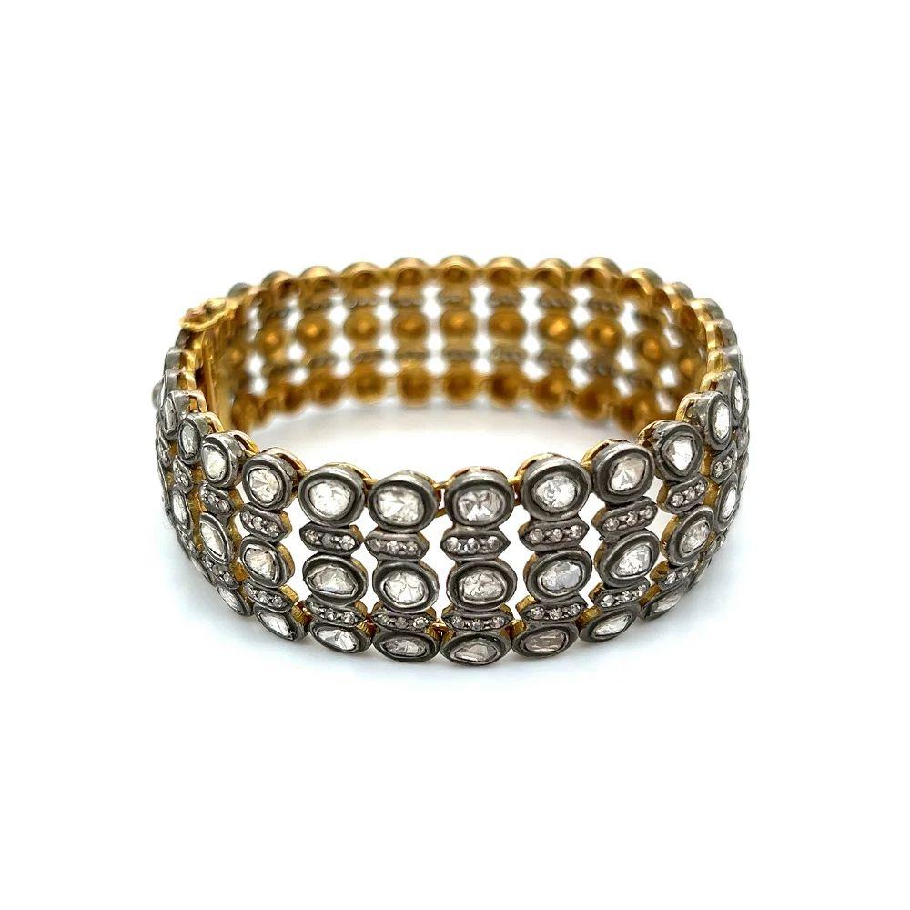 Women's Vintage Rose Cut and Round Diamond 5 Row Gold and Sterling Silver Bracelet