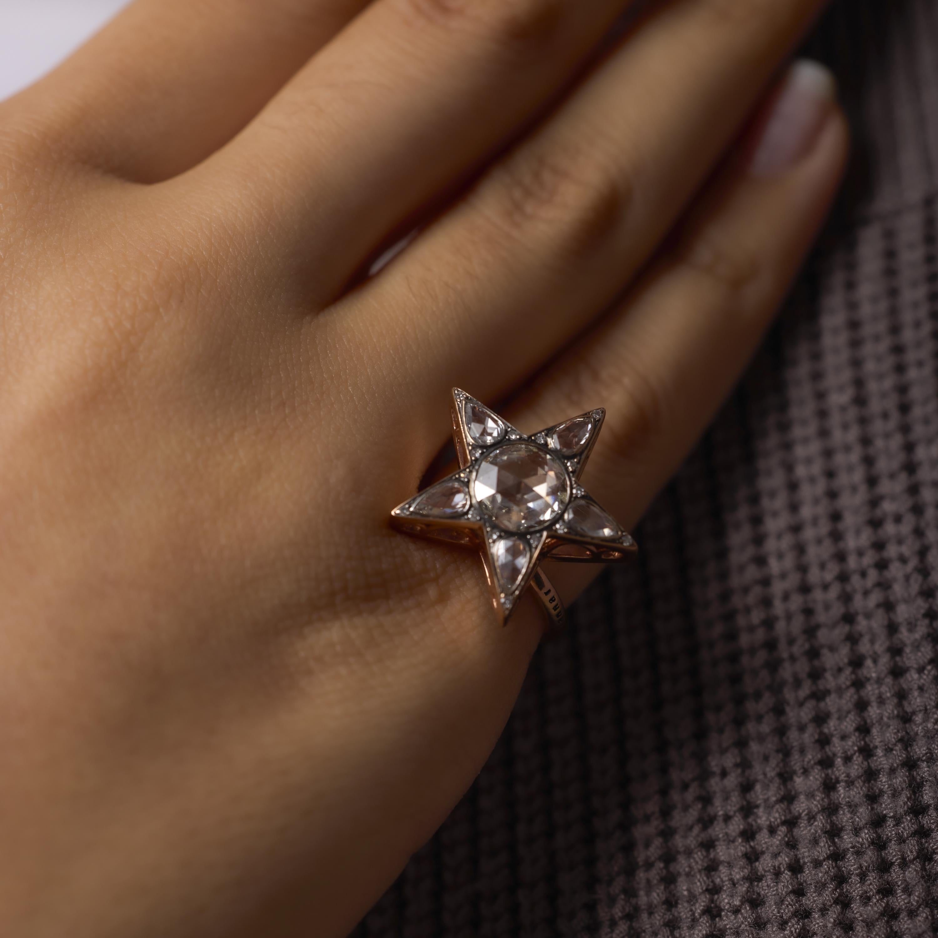 Vintage rose cut diamond 18k rose gold star ring In Good Condition For Sale In Beverly Hills, CA