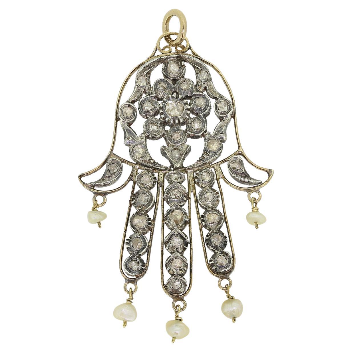 Vintage Rose Cut Diamond and Pearl Hamsa Pendant For Sale