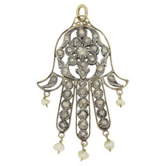 Vintage Rose Cut Diamond and Pearl Hamsa Pendant