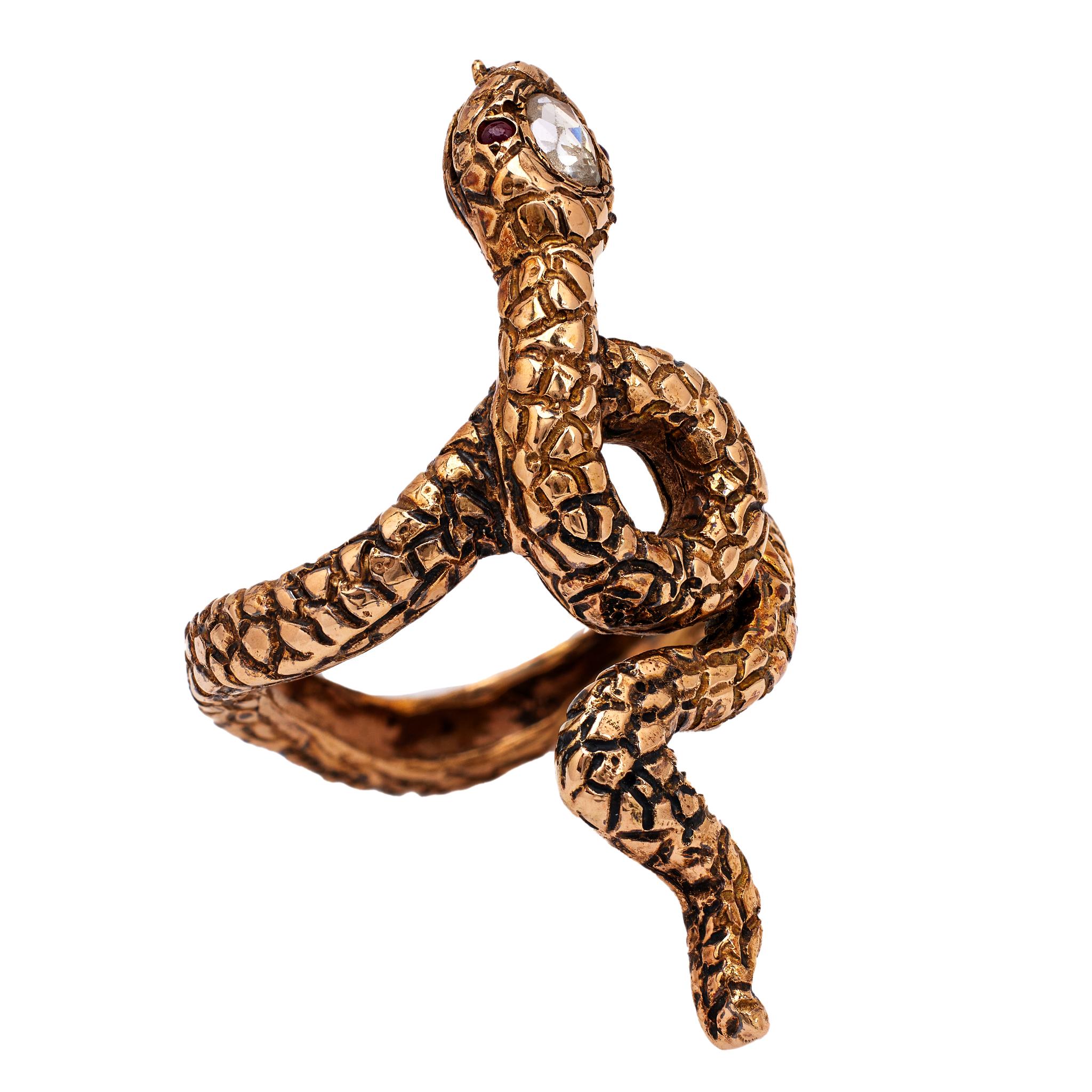 Vintage Rose Cut Diamond and Ruby 18k Yellow Gold Snake Ring For Sale 1