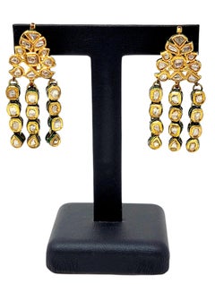 Vintage Rose Cut Diamond Chandelier Dangle Earrings 18 Karat Gold and Enamel