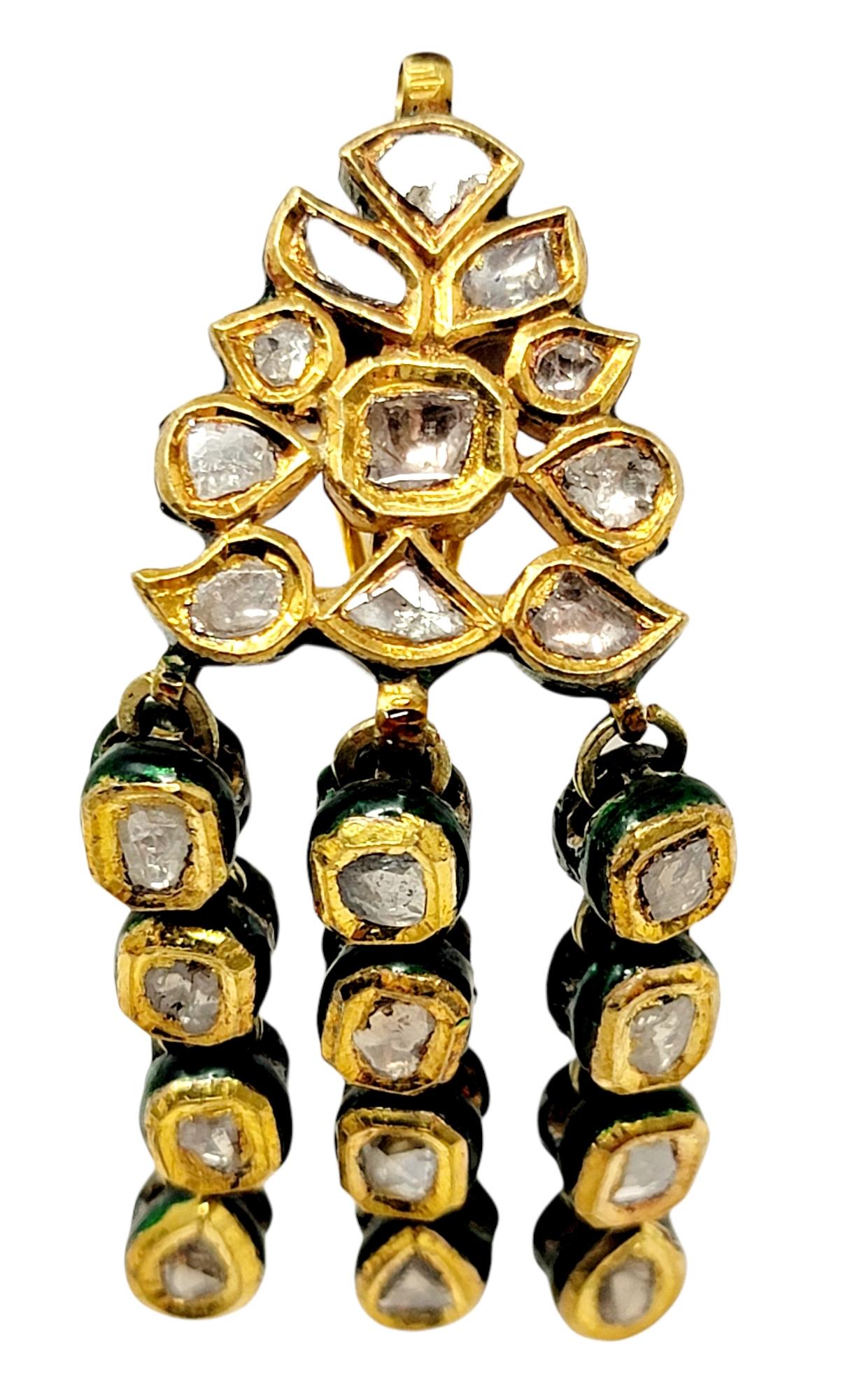 Contemporary Vintage Rose Cut Diamond Chandelier Dangle Earrings 18 Karat Gold and Enamel For Sale