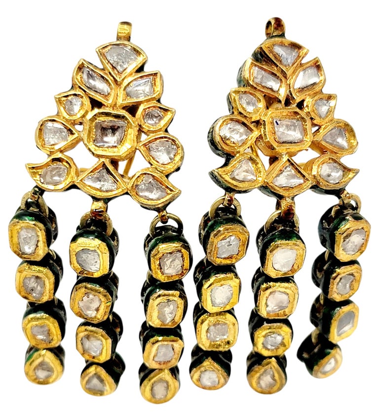 Vintage Rose Cut Diamond Chandelier Dangle Earrings 18 Karat Gold and Enamel In Good Condition For Sale In Scottsdale, AZ