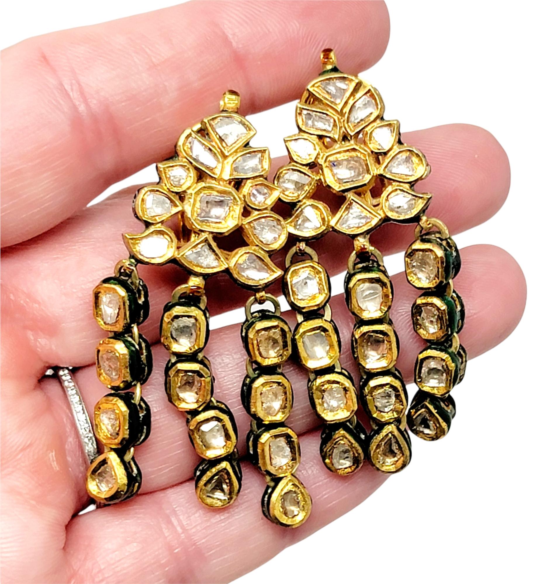 Women's Vintage Rose Cut Diamond Chandelier Dangle Earrings 18 Karat Gold and Enamel For Sale