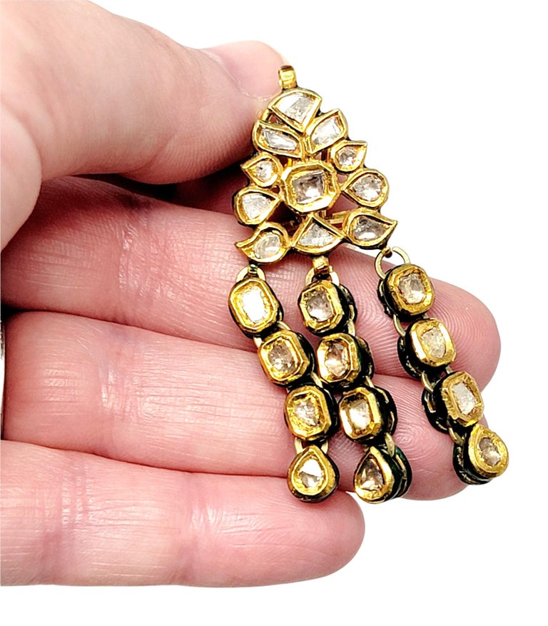 Vintage Rose Cut Diamond Chandelier Dangle Earrings 18 Karat Gold and Enamel For Sale 1