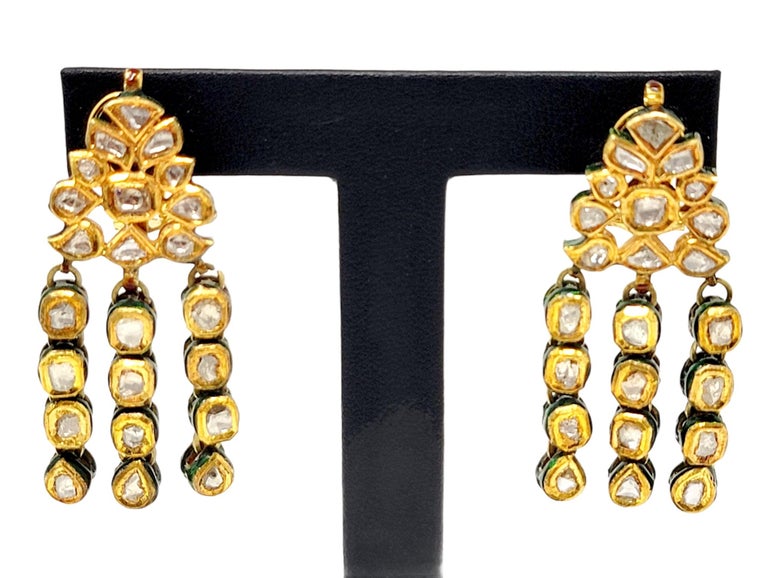 Vintage Rose Cut Diamond Chandelier Dangle Earrings 18 Karat Gold and Enamel For Sale 2