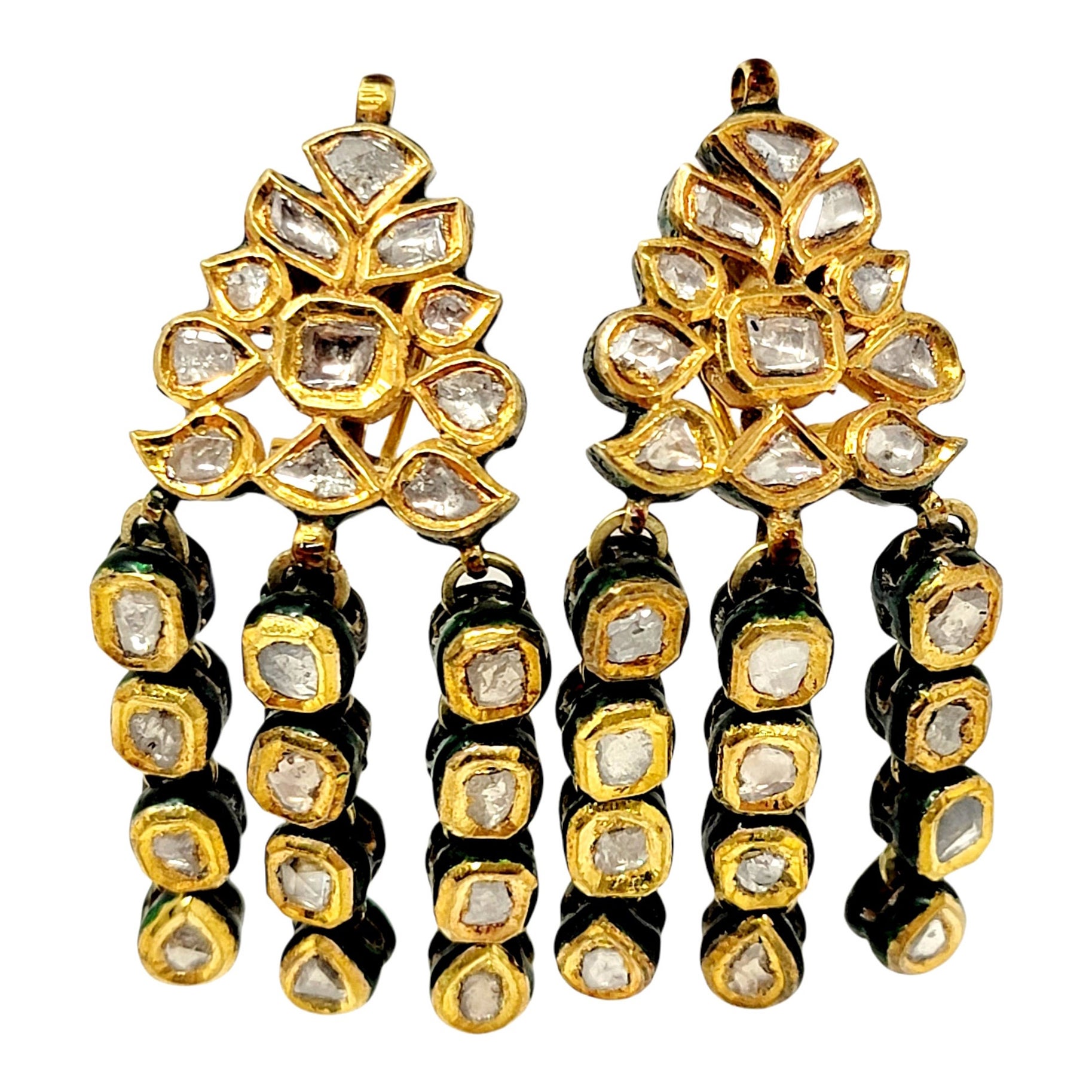 Pendientes colgantes vintage de araña de diamantes talla rosa Oro de 18 quilates y esmalte