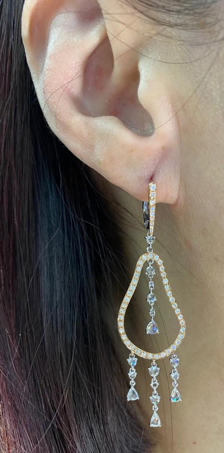 Vintage Rose Cut Diamond Dangle Drop Earring 18K Rose Gold In New Condition For Sale In Hong Kong, HK