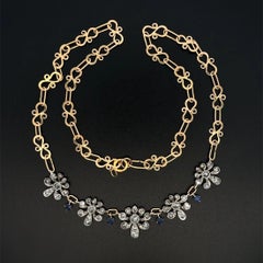 Vintage Rose Cut Diamond Flower Station and Sapphire Platinum on 14K Necklace