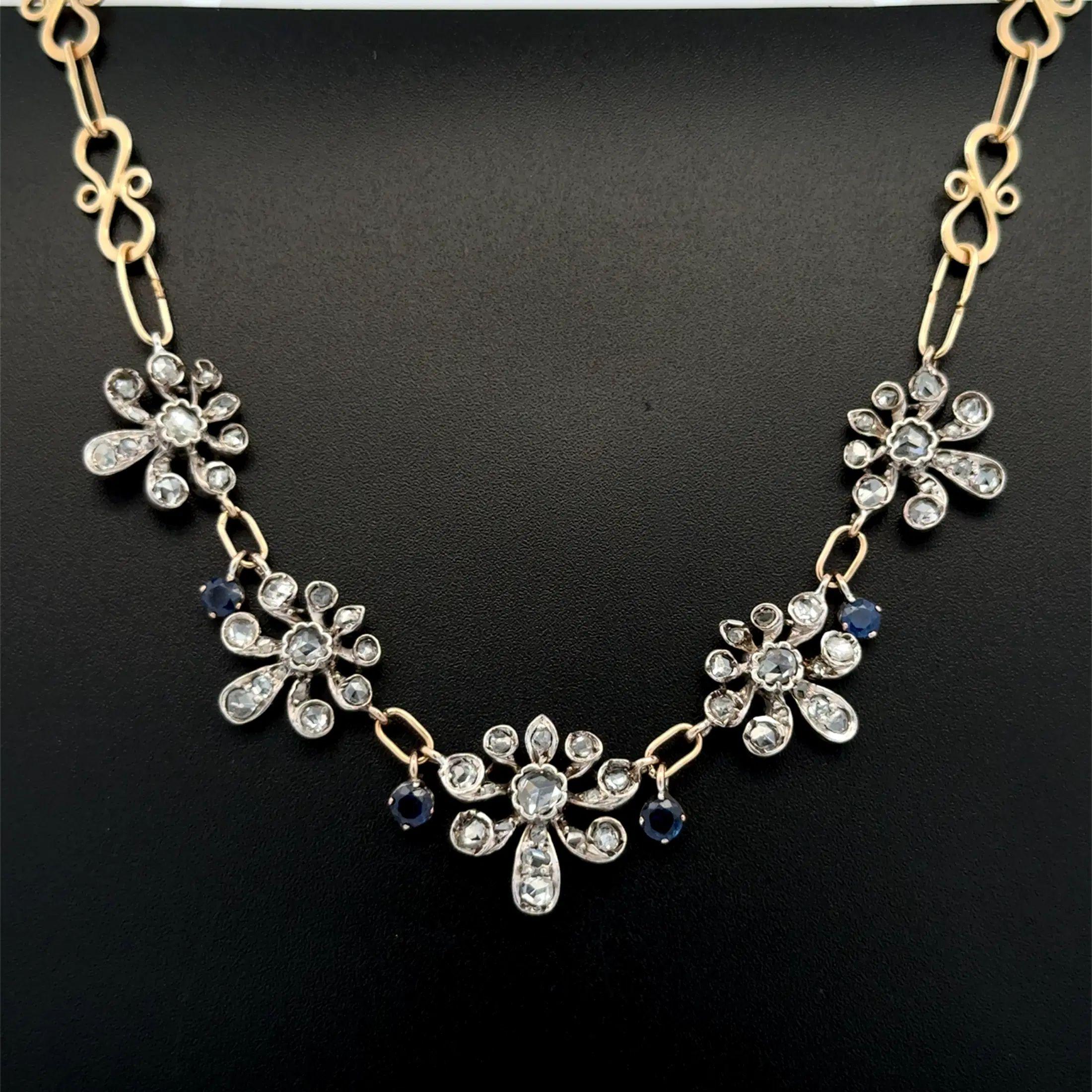 Taille mixte Collier vintage en platine et saphir avec fleur de diamant taillé en rose sur 14K en vente