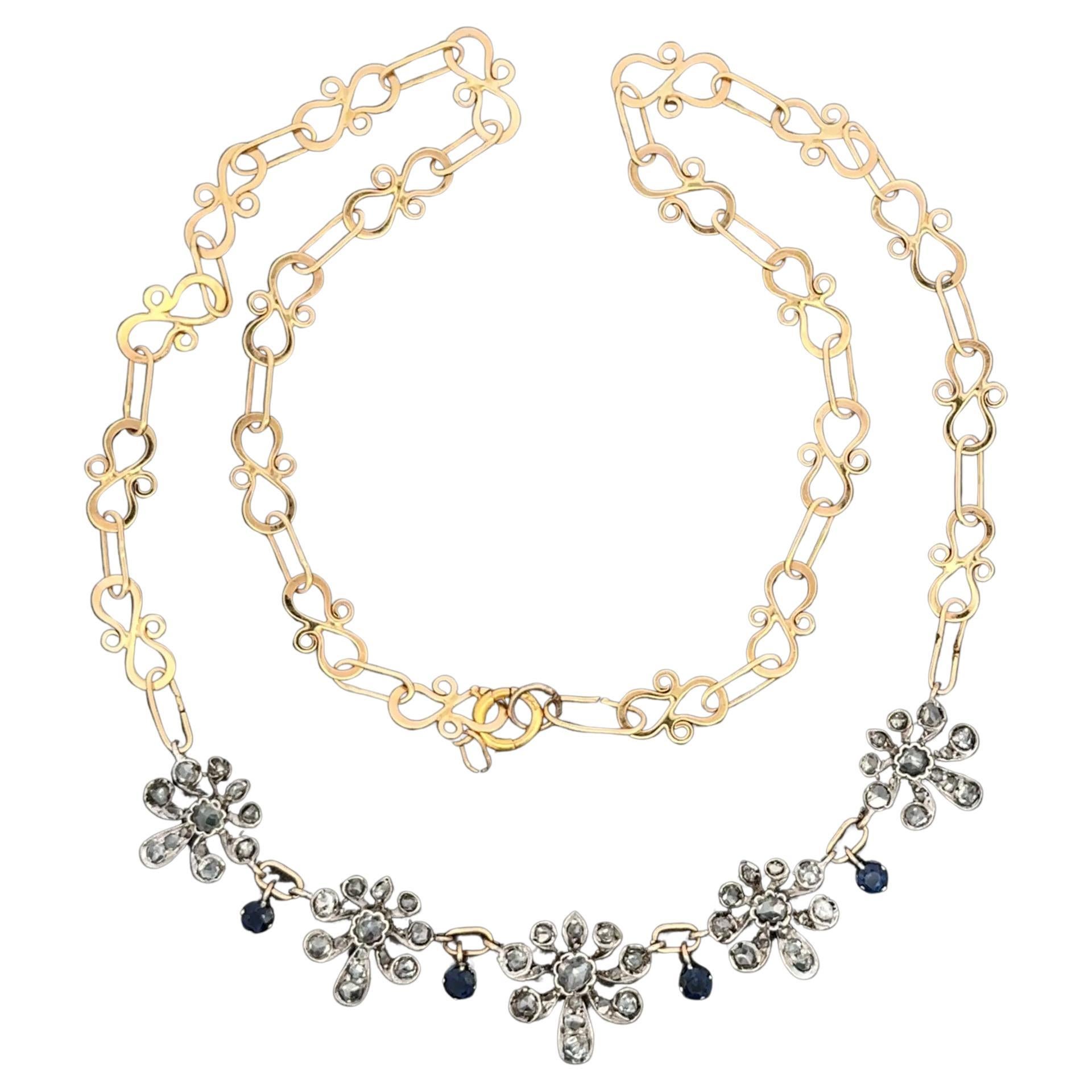 Collier vintage en platine et saphir avec fleur de diamant taillé en rose sur 14K en vente