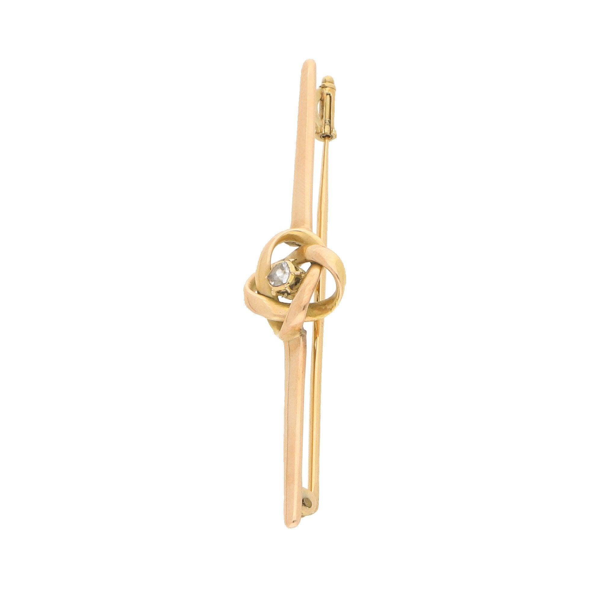 Rose Cut Vintage Rose-Cut Diamond Knot Bar Brooch in Rose Gold