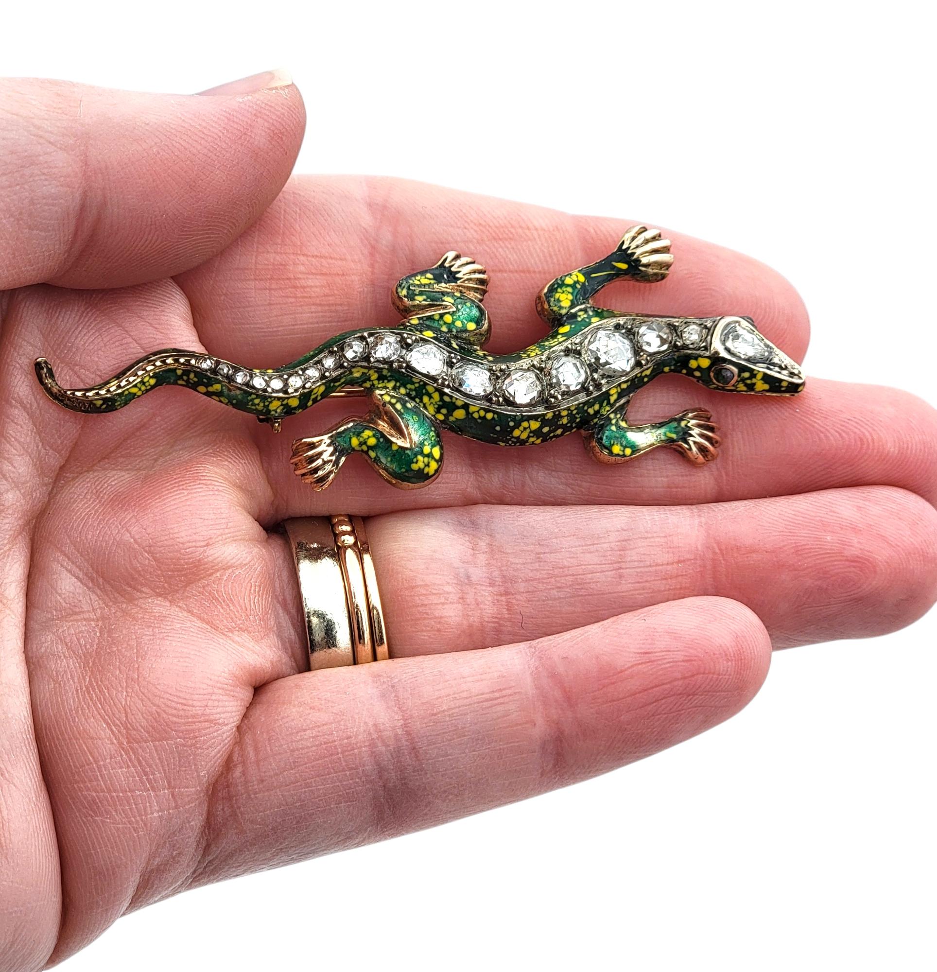 Vintage Rose Cut Diamond Lizard Brooch in Enamel and 10 Karat Rose Gold For Sale 5