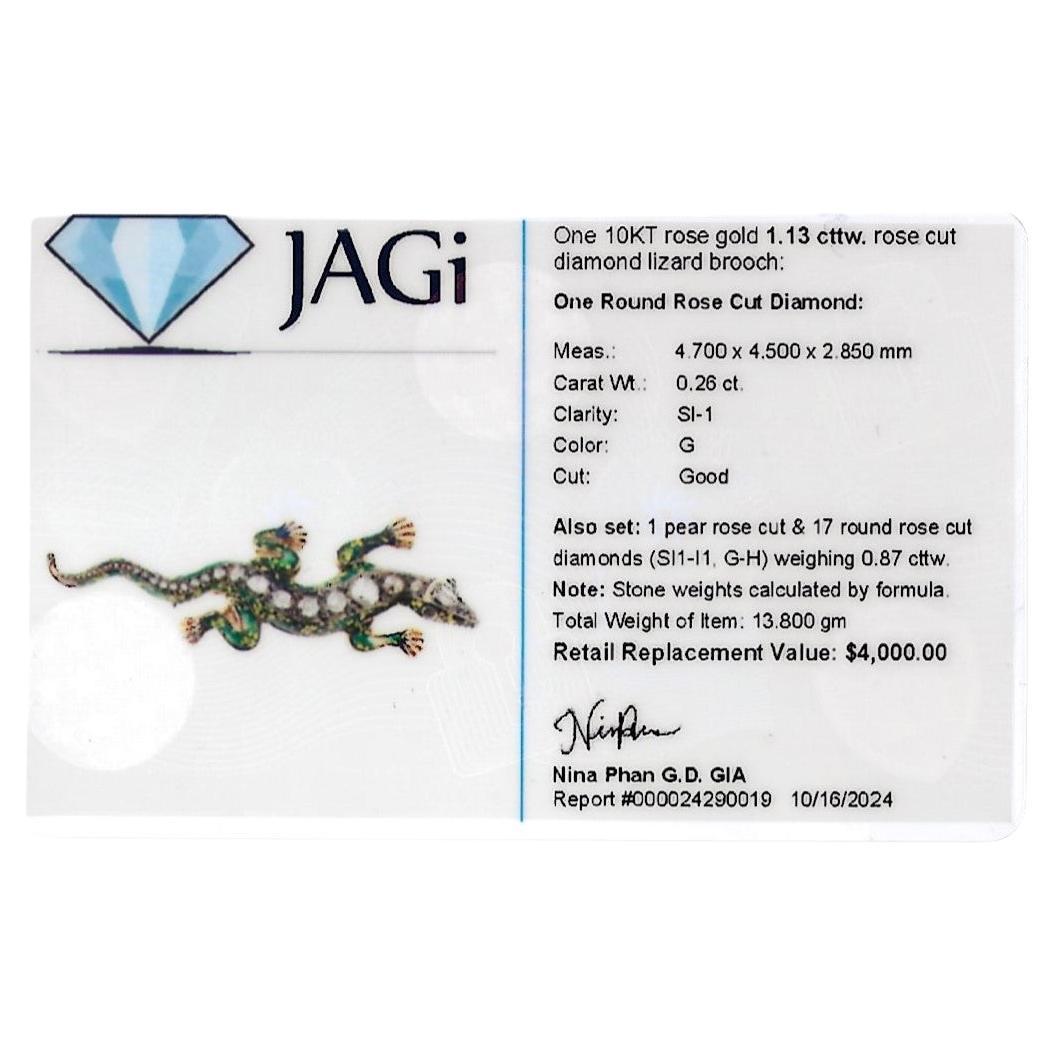 Vintage Rose Cut Diamond Lizard Brooch in Enamel and 10 Karat Rose Gold For Sale 6