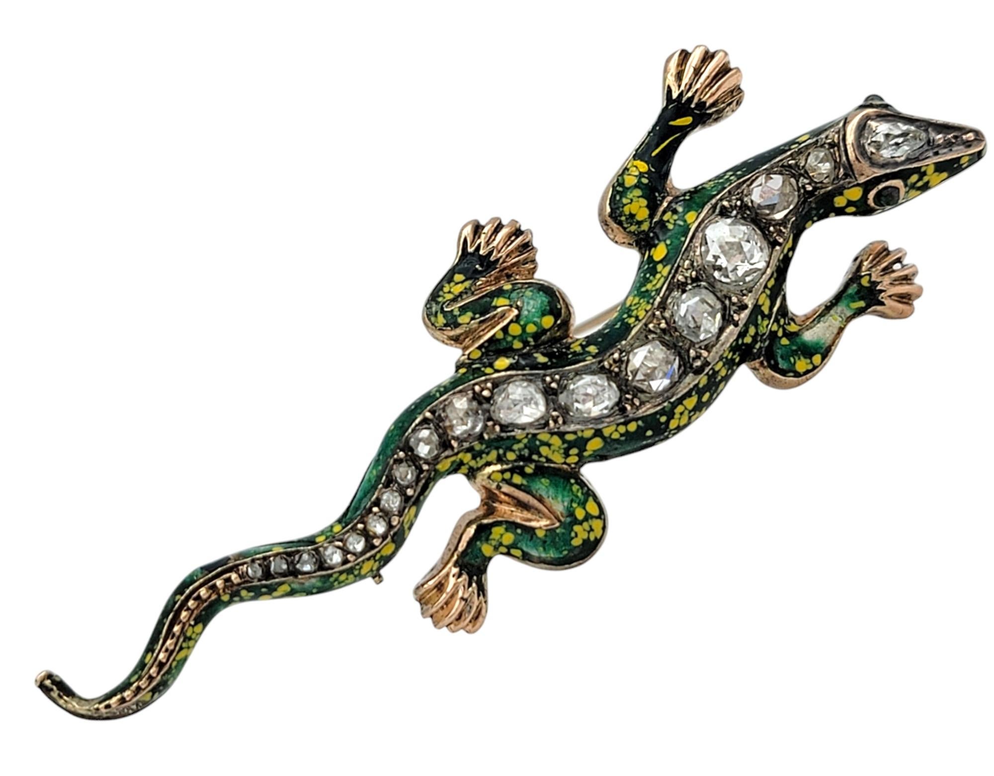 Add a whimsical touch of charm to your jewelry collection with this exquisite vintage lizard brooch. Meticulously crafted in radiant 10 karat rose gold, this unique piece showcases an enchanting design that celebrates the beauty of nature with a