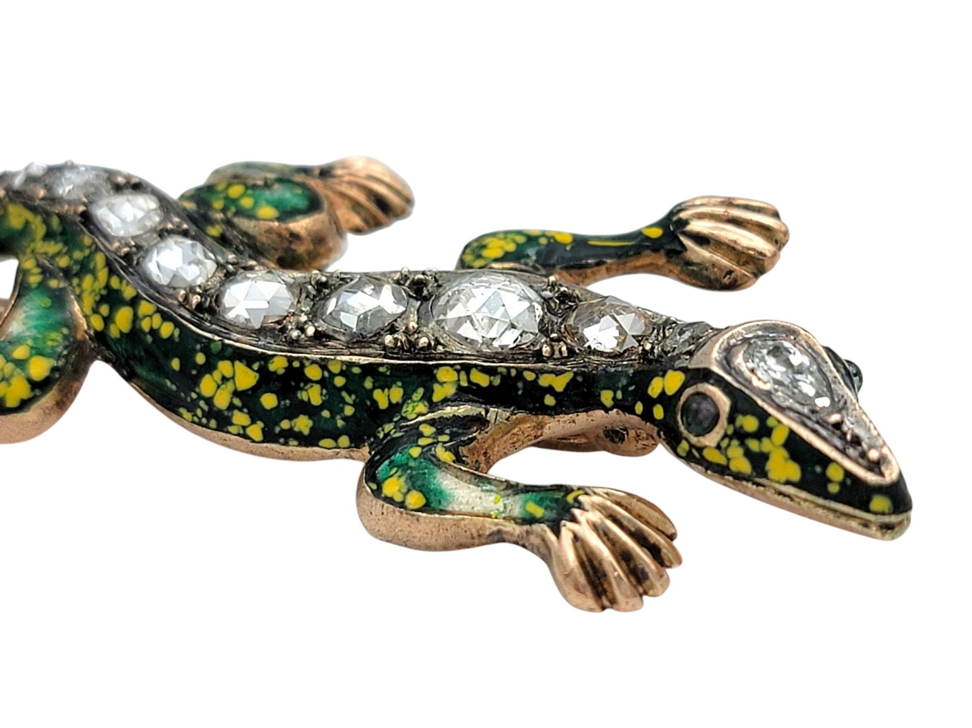 Vintage Rose Cut Diamond Lizard Brooch in Enamel and 10 Karat Rose Gold In Good Condition For Sale In Scottsdale, AZ