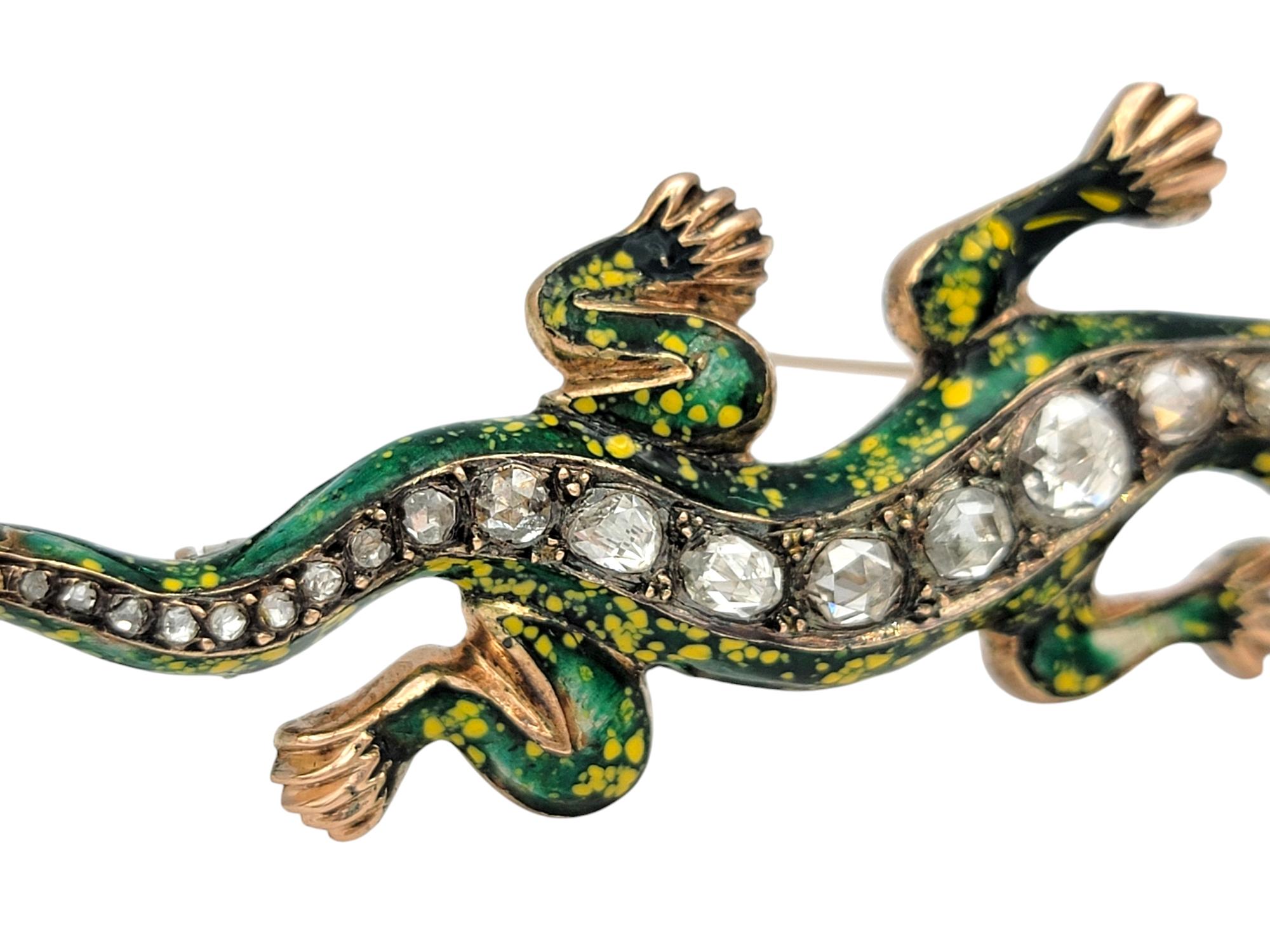 Women's or Men's Vintage Rose Cut Diamond Lizard Brooch in Enamel and 10 Karat Rose Gold For Sale