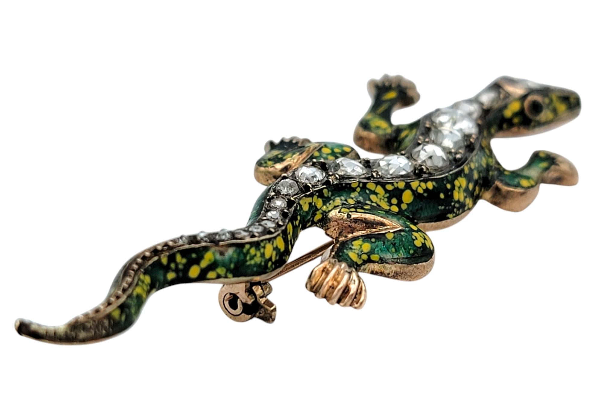 Vintage Rose Cut Diamond Lizard Brooch in Enamel and 10 Karat Rose Gold For Sale 1