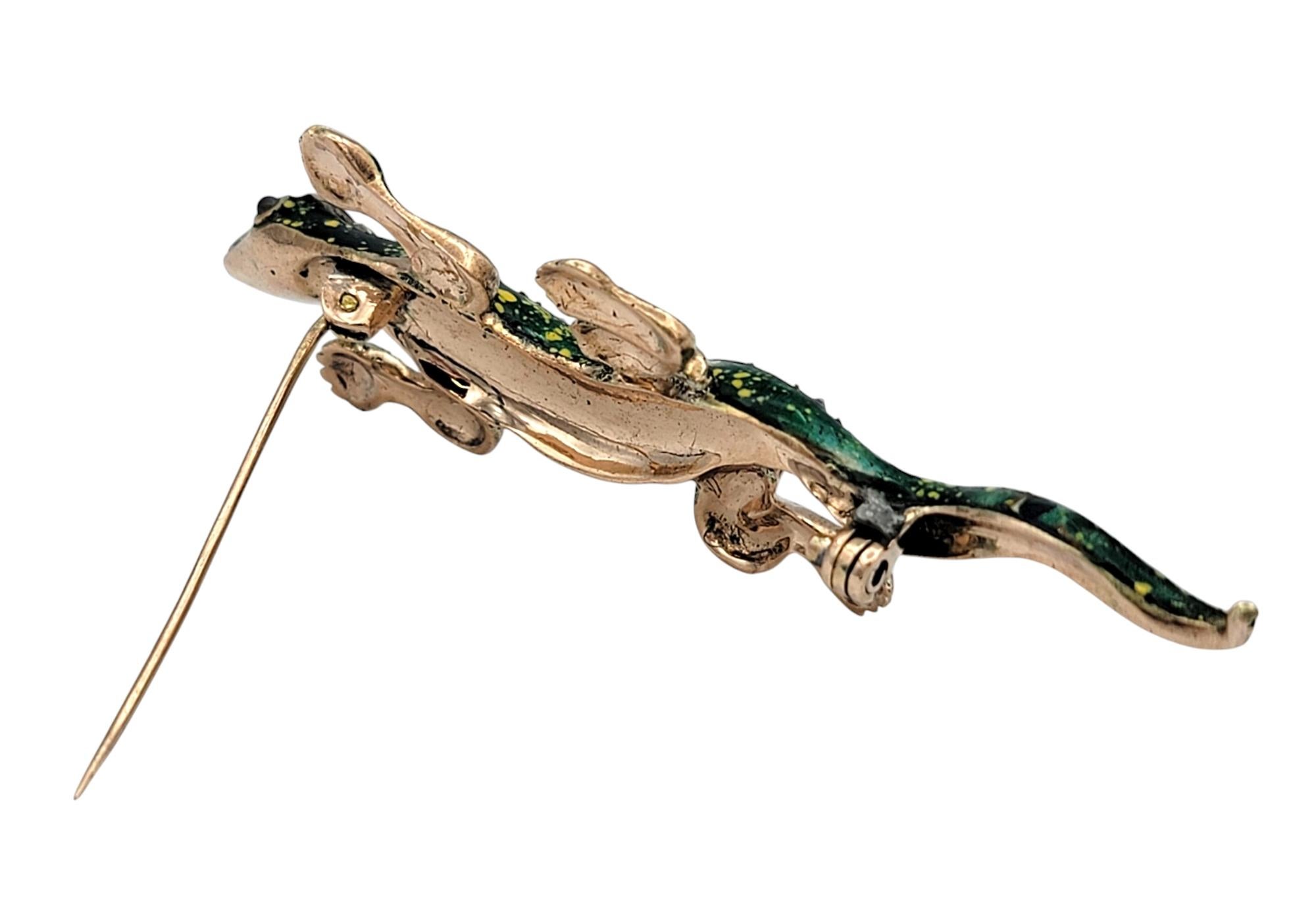 Vintage Rose Cut Diamond Lizard Brooch in Enamel and 10 Karat Rose Gold For Sale 3