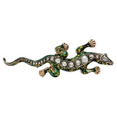 Broche lézard vintage en émail et or rose 10 carats avec diamants taille rose