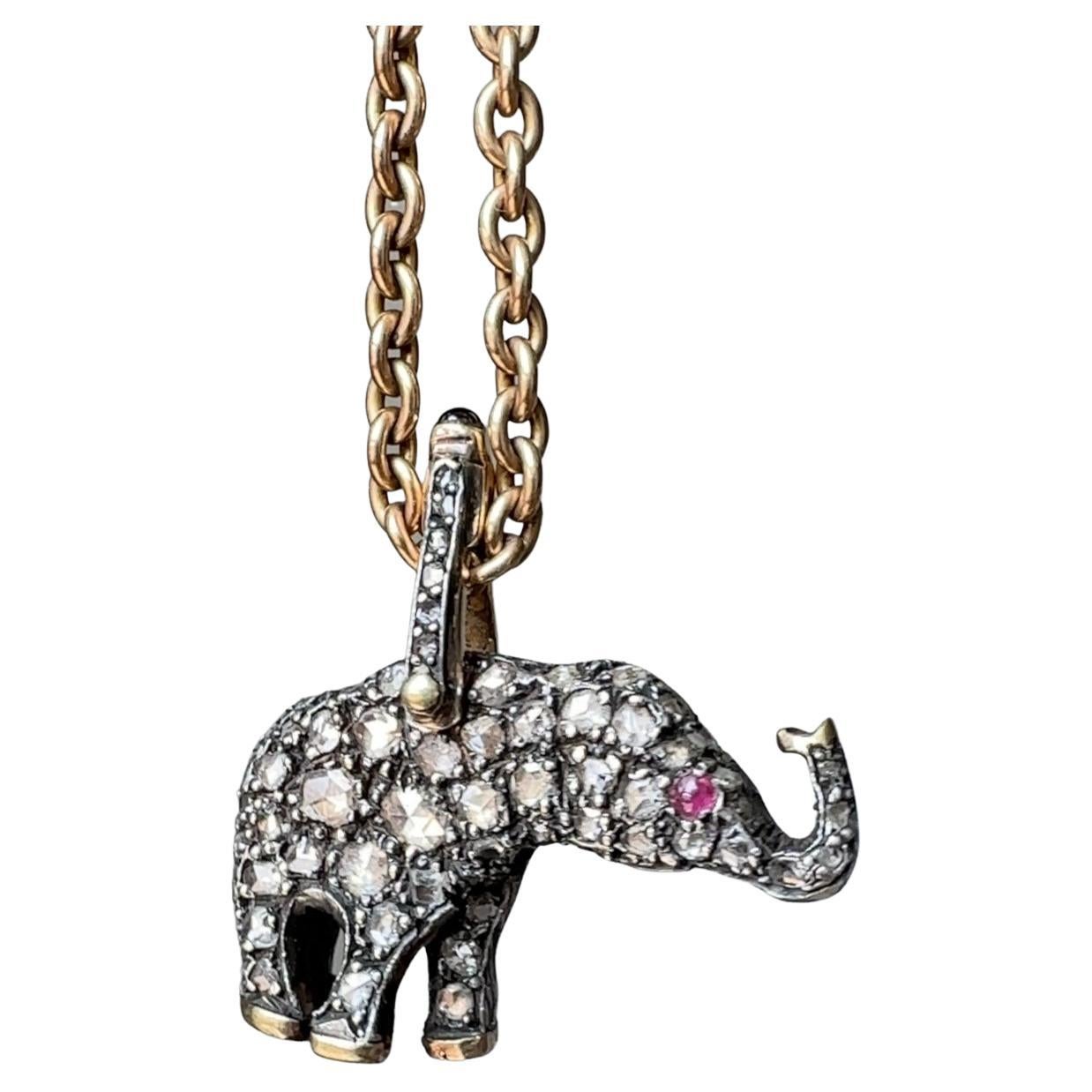 Vintage Rose Cut Diamond Lucky Elephant Pendant For Sale