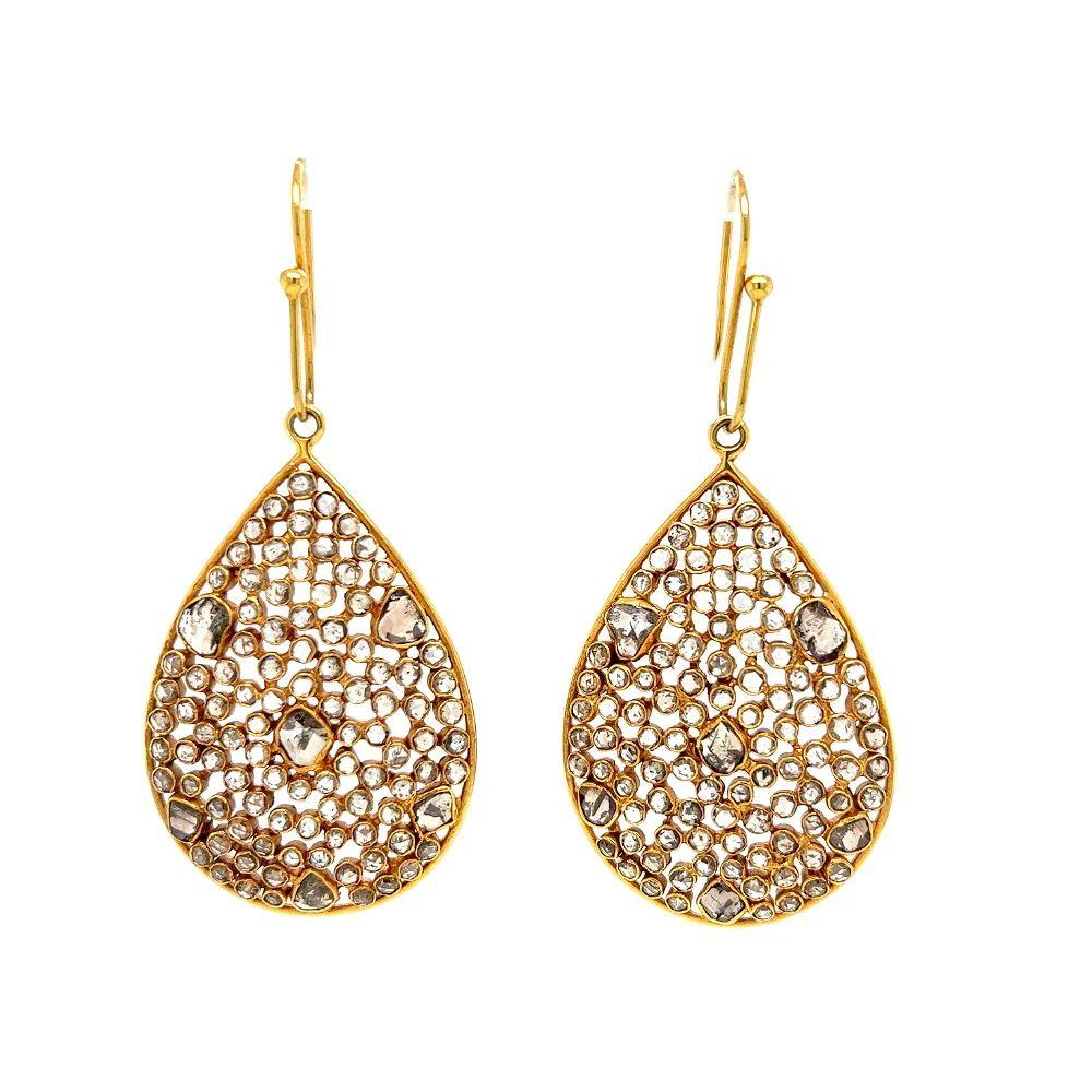 Simply Beautiful! Vintage Rose Cut Diamond Pear Shape Design Gold Cluster Drop Earrings. Hand set with Rose Cut Diamonds, weighing approx. 6.00tcw. Earrings measure approx. 64mm. Beautifully Hand crafted in 18K Yellow Gold. More Beautiful in real