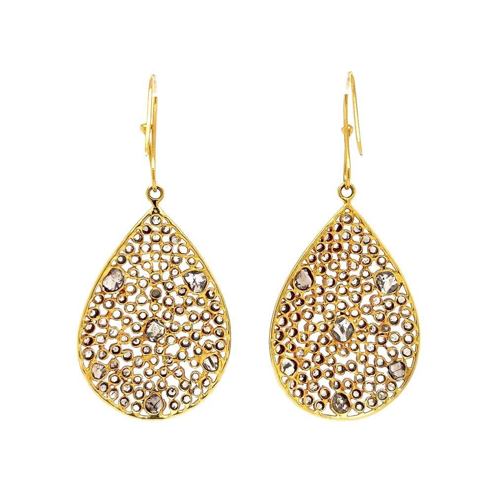 Women's Vintage Rose Cut Diamond Pear Shape Gold Cluster Drop Earrings For Sale