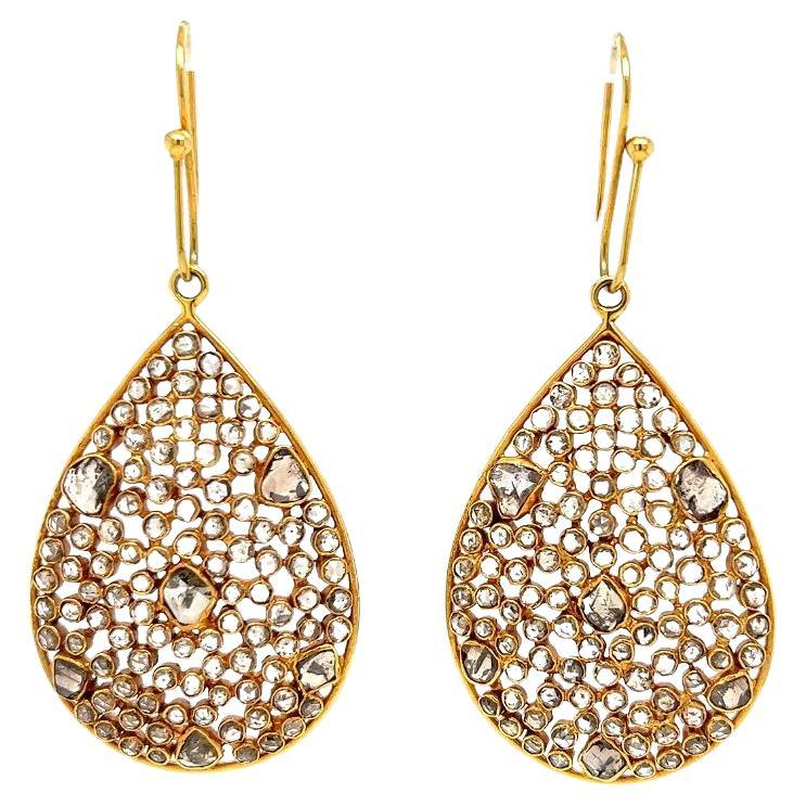 Vintage Rose Cut Diamond Pear Shape Gold Cluster Drop Earrings